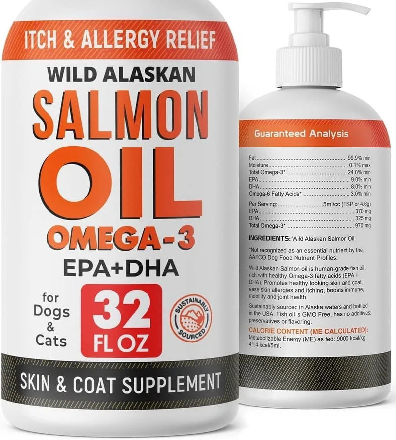 StrellaLab 32 oz Huile de Saumon pour Chiens et Chats – Oméga 3, Peau et Pelage, Saumon Sauvage d’Alaska