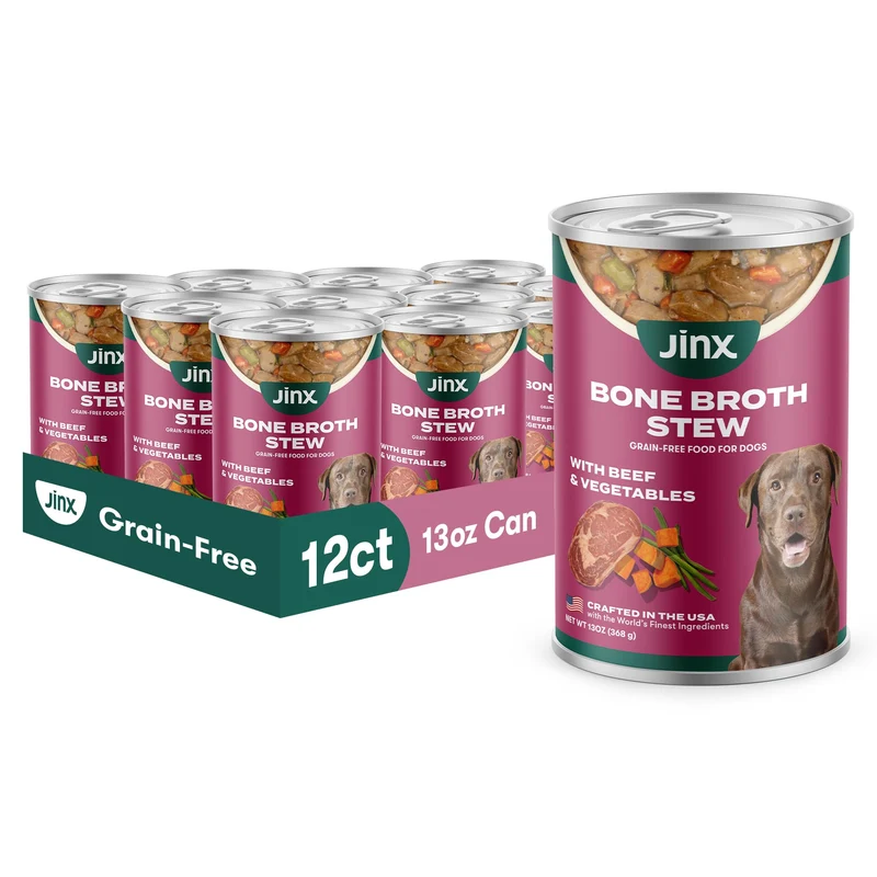 Jinx Bouillon Os Ragoût pour Chiens — Boeuf et Legumes Sans Cereales, 12 Boites de 13 oz