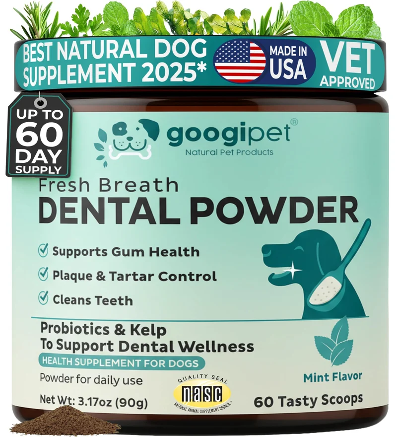 GOOGIPET NATURAL PET PRODUCTS – Poudre Dentaire pour Chiens : Haleine Fraîche, Plaque et Tartre – Kelp, Persil, Romarin & Menthe