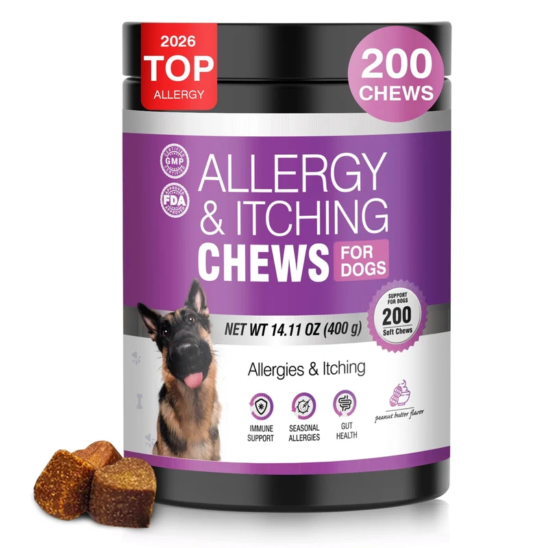 TTLXRL Bouchées Allergie Chien 200ct – Soulagement démangeaisons et peau, probiotiques et immunité (goût beurre de cacahuète)