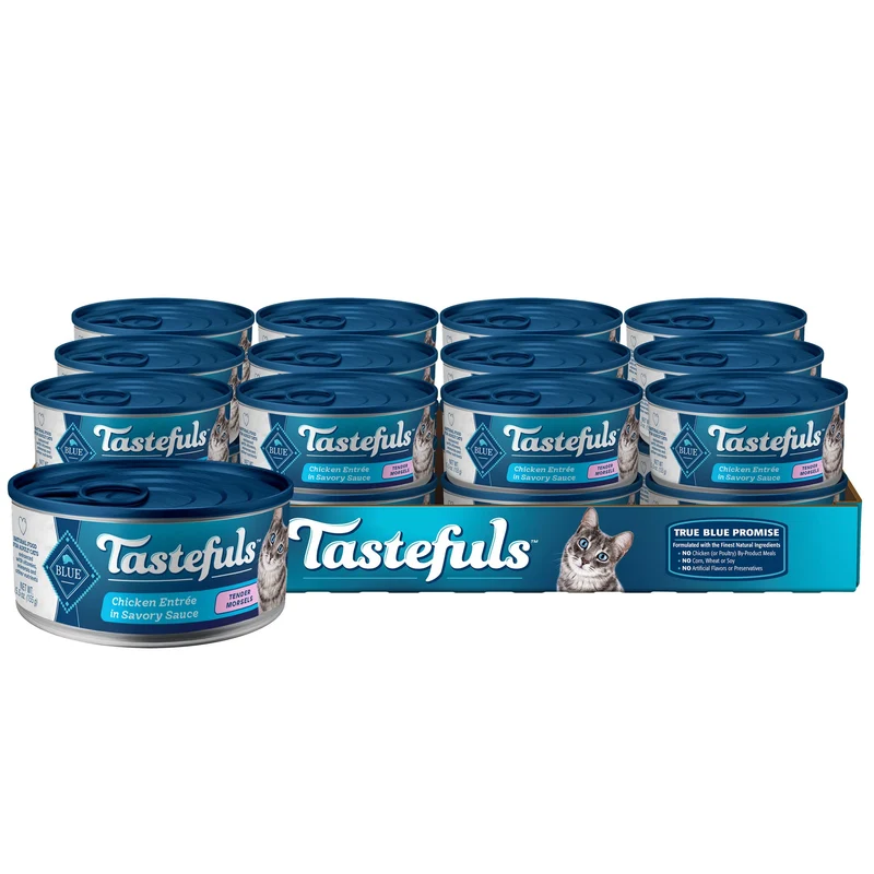 Blue Buffalo Délices Tastefuls Morceaux Tendres Naturels au Poulet – Pâtée humide pour chat, boîtes 5,5 oz, pack 24