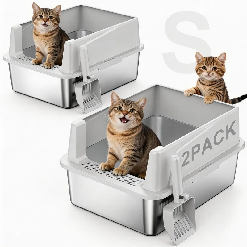 FURTIME Lot de Deux Boîtes Litière en Acier Inoxydable Avec Couvercle – Pour Chatons