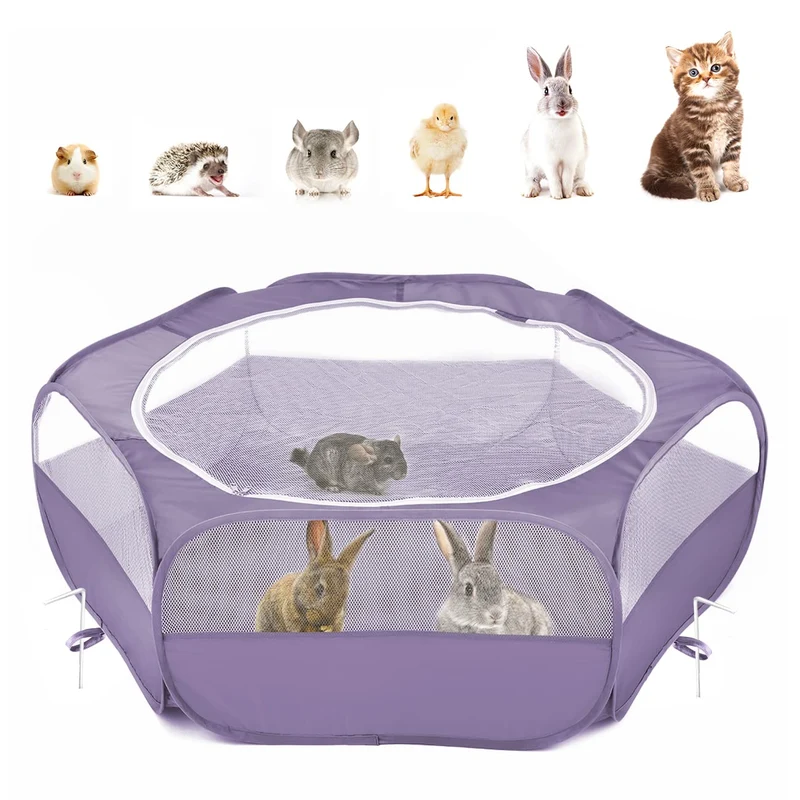 Enclos Pawaboo pour Petits Animaux – Étanche et Portable, Couvercle Zippé et 3 Tiges Métalliques (Violet)
