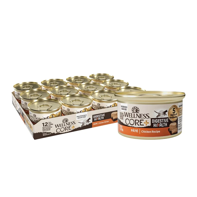 Wellness CORE+ Digestive Health Pâté pour chat adulte – Sans céréales, poulet, 12 boîtes de 85 g