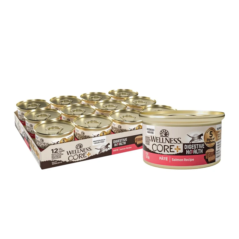 Wellness CORE+ Santé Digestive Pâté Saumon pour Chats Adultes — Sans Céréales, Riche en Protéines, 12 Boîtes de 85 g