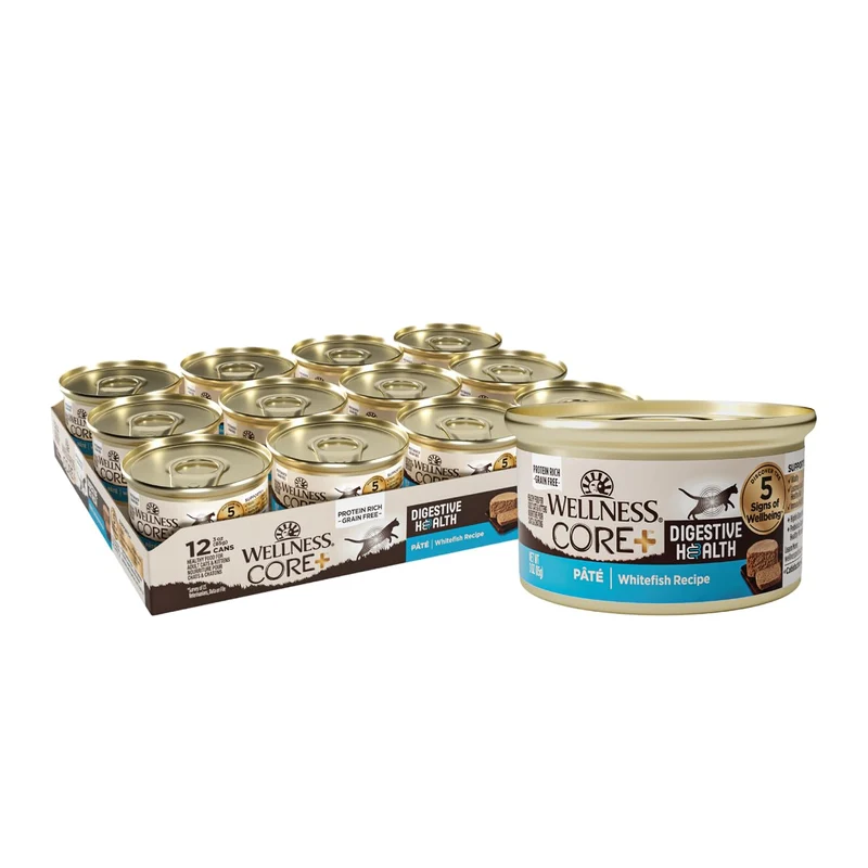 Wellness CORE+ Sante Digestive Pate pour Chat Adulte — Naturel, Riche en Proteines, Sans Cereales, Recette au Poisson Blanc, 3 oz, Lot de 12 Boites