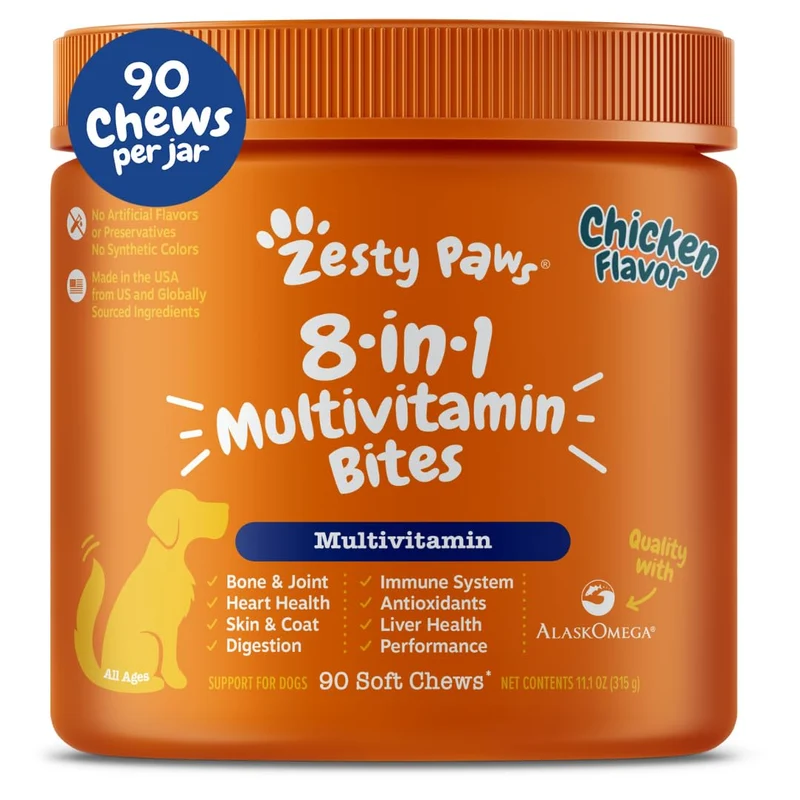 Zesty Paws Multivitamines pour Chiens – Bouchées 8-en-1 pour Articulations, Peau et Pelage, Cœur et Foie – Oméga 3 – Seniors et Chiots – 90 bouchées