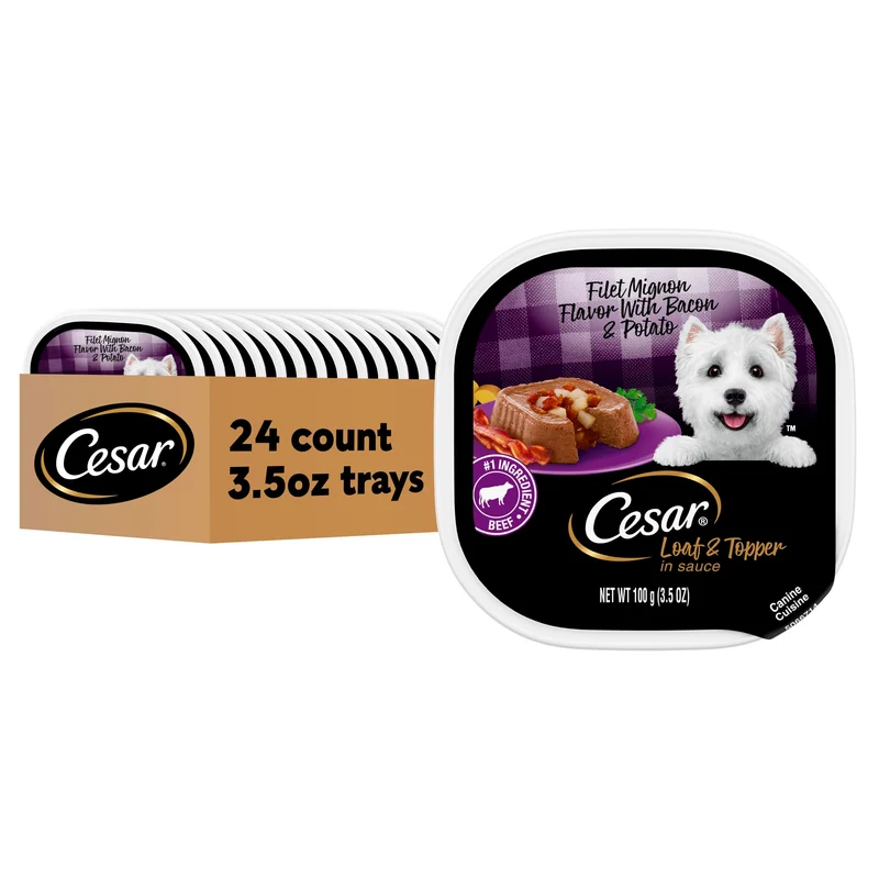 César Loaf & Topper en Sauce – Filet Mignon, Bacon et Pomme de Terre, Nourriture Humide pour Chiens, 3,5 oz, 24 Portions