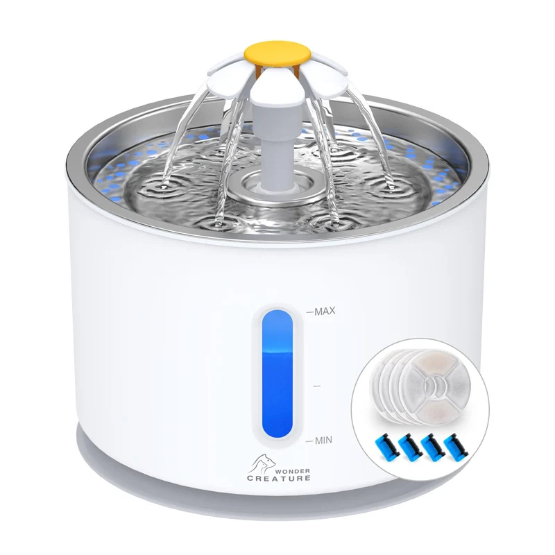 Wonder Creature Fontaine pour Chat – 2,4 L, couvercle inox, 4 filtres, LED