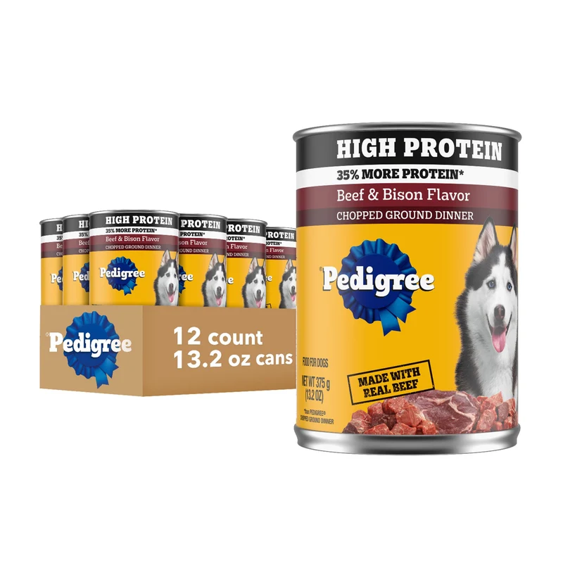 Pedigree Nourriture Humide pour Chien Adulte à Haute Teneur en Protéines – Boeuf & Bison, 12 Boîtes de 13,2 oz