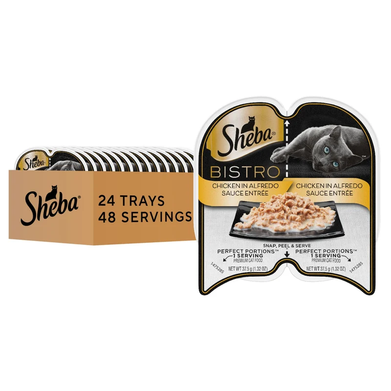 Sheba Perfect Portions Bistro – Aliment humide pour chat, poulet en sauce Alfredo, plateaux jumelés 2,6 oz (48 portions)
