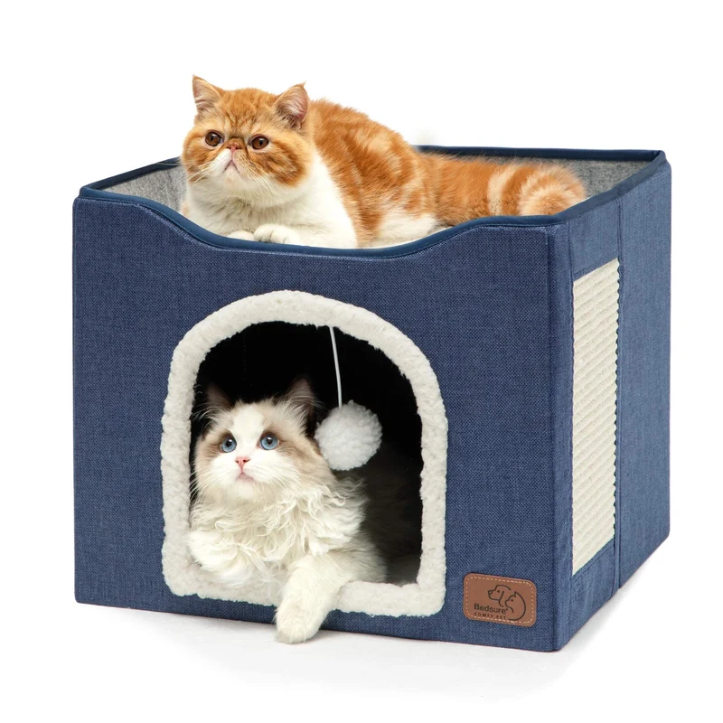 Bedsure Cabanes pour Chats Intérieurs — Grand Nid Douillet avec Balle Peluche et Grattoir, Pliable, Bleu