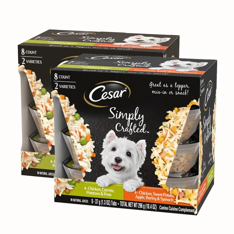 CESAR Simply Crafted – Garnitures Humides pour Chien (Poulet & Légumes), Lot de 8 pots 1,3 oz, Pack de 2