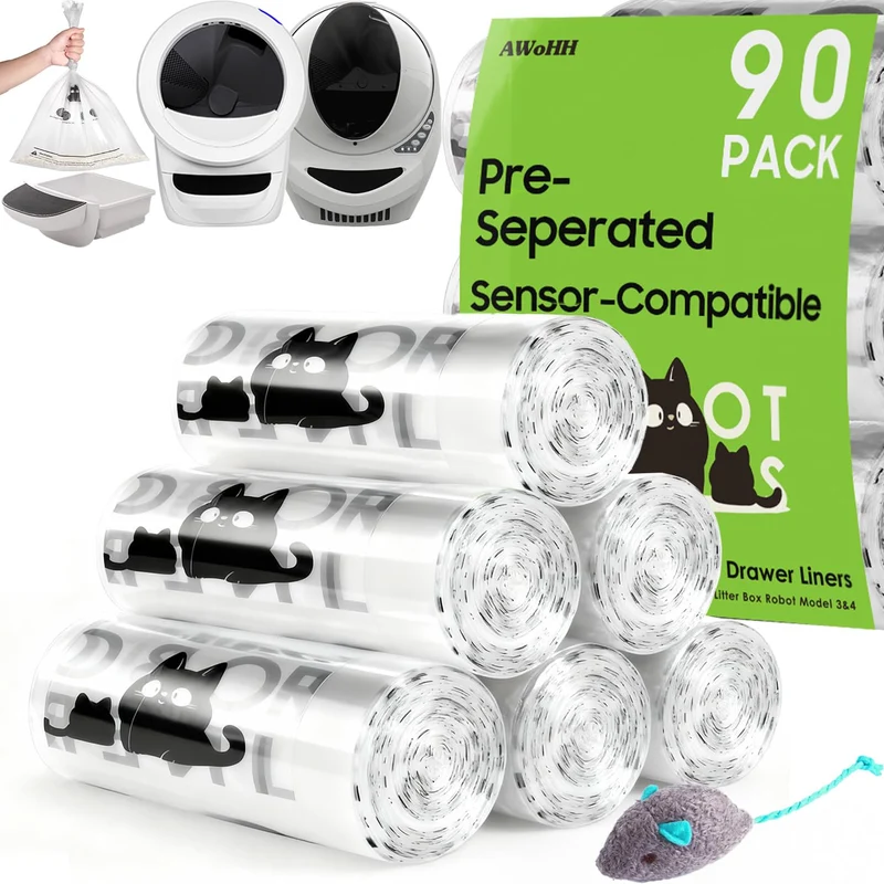 AWoHH – Sacs pour Bac à Litière Robot (90 pièces, 9–11 gal / 34–42 L) – sans déchirure, transparents, compatibles capteurs