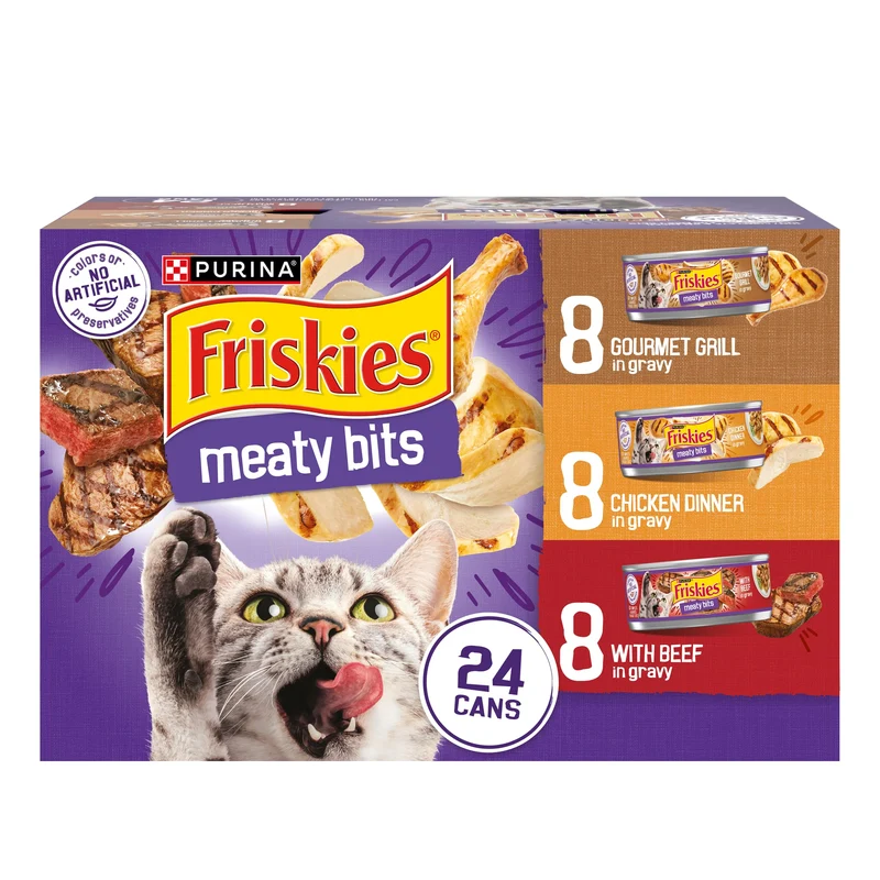 Friskies Gravy – Pack de 24 boîtes humides pour chats adultes, morceaux carnés en sauce (156 g chacun)