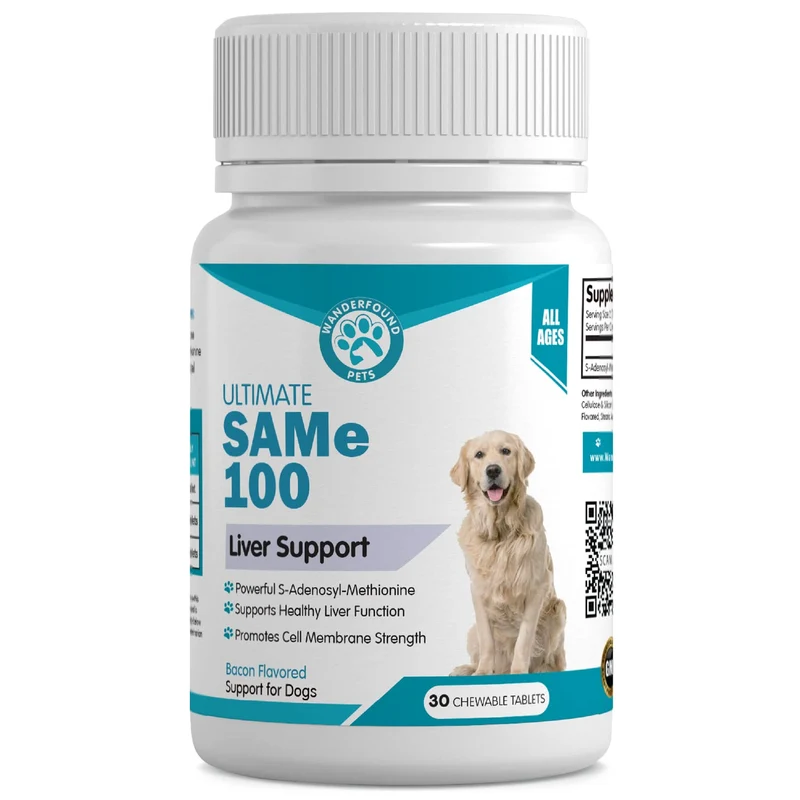 Pawsitive Wanderfound SAME – Soutien foie et cerveau pour chiens, saveur bacon – 30 comprimés SAM-e, fabriqué aux États‑Unis