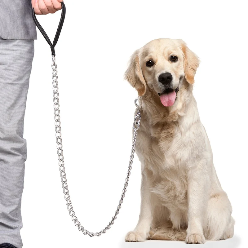 Laisse pour chien CtopoGo – chaîne acier 5 mm, poignée PU rembourrée, 4 pieds, pour grands chiens (>30 kg)