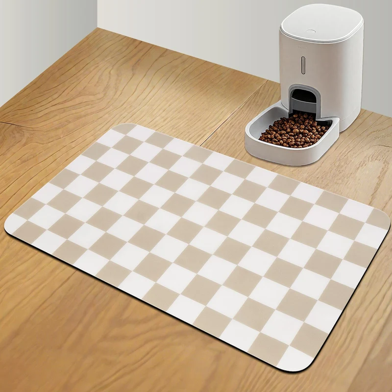CooRug Tapis Alimentaire Chiens et Chats – Absorbant & Anti-Fuite, 16x24, Khaki à Damier