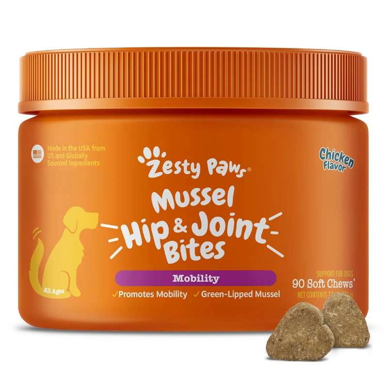 Zesty Paws Mussel Mobility Bites – Moules vertes néo-zélandaises, glucosamine & oméga-3 – Soutien articulation chien – 90 bouchées