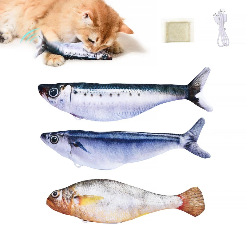 Petgravity – Jouets Poisson Réalistes Flottants pour Chat, Lot de 3, 7,1 pouces, Réactifs au Toucher, 3 Modes de Battement, Sardine/Saury/Croaker Jaune, Avec Herbe à Chat, Rechargeables