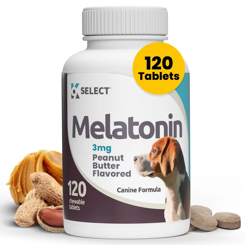 K9 Select Mélatonine pour Chiens — Calme, Sommeil et Bien-être (3 mg, 120 comprimés) – Pour chiens de taille moyenne – Saveur beurre de cacahuète