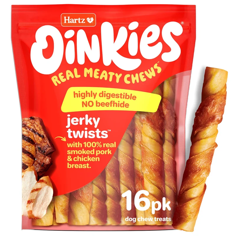 Hartz Oinkies Porkalicious : Torsades de peau de porc fumée – Friandises pour chien, paquet de 16