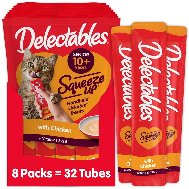 Delectables Squeeze Up Purée à Lécher pour Chats Seniors – 32 Tubes au Poulet, Sans Céréales, Sans Conservateurs