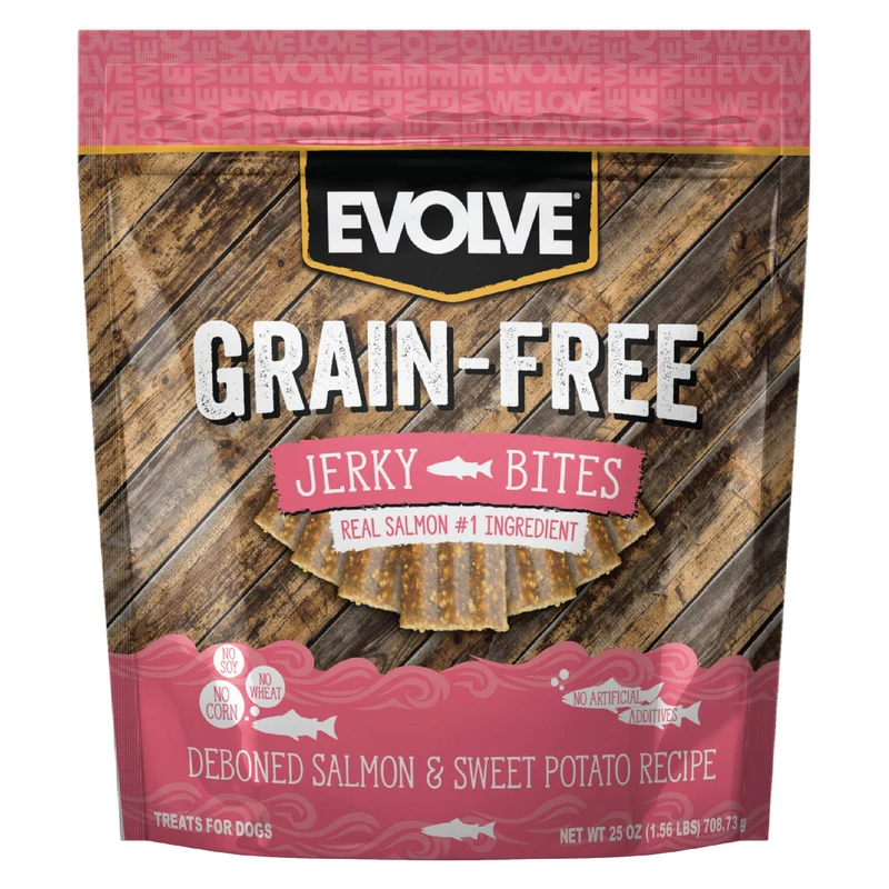 Friandises Evolve Sans Cereales au Saumon Desossé et Patate Douce – Bouchées Jerky 25 oz
