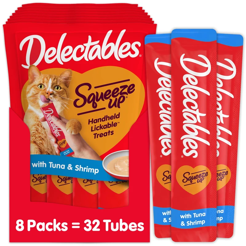 Delectables Squeeze Up – Purée en Tube pour Chats, Thon & Crevettes, 32 Tubes, Sans Céréales, Sans Additifs