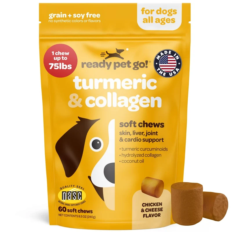 Friandises molles au curcuma pour chiens | Soutien des articulations avec collagène | Supplément canin pour tous âges et tailles | NASC certifié & fabriqué aux États‑Unis | 60 friandises