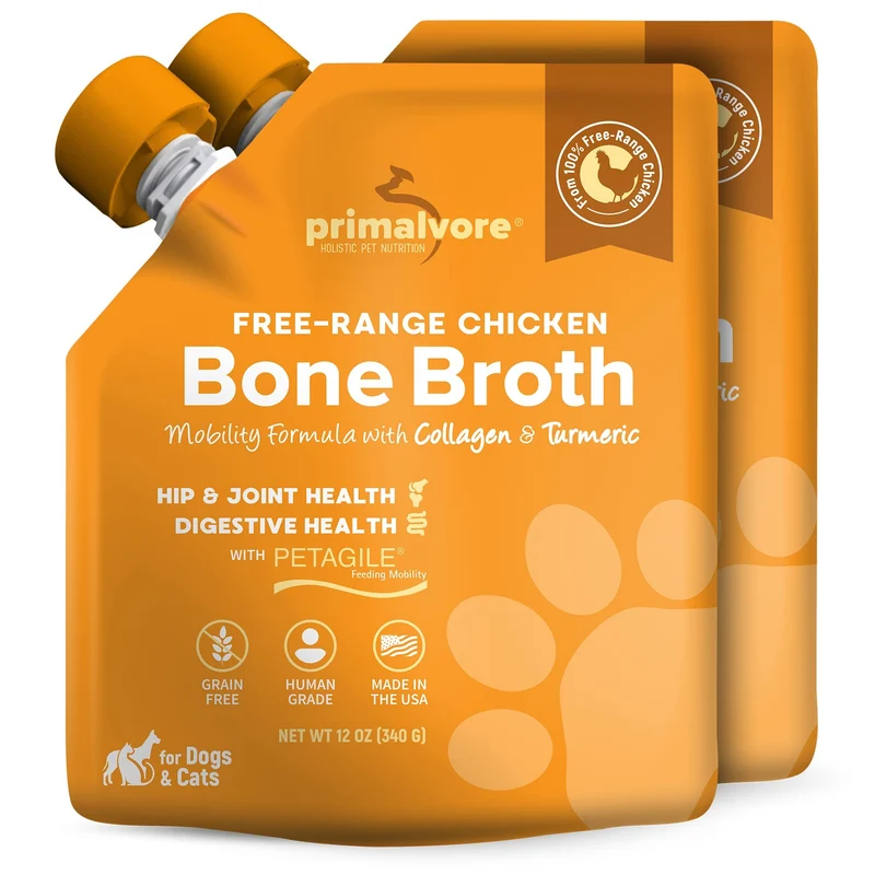 Primalvore Bouillon d'Os en plein air pour chiens et chats – Mobilité, Digestion et Hydratation – Poulet – États-Unis – Pack 2