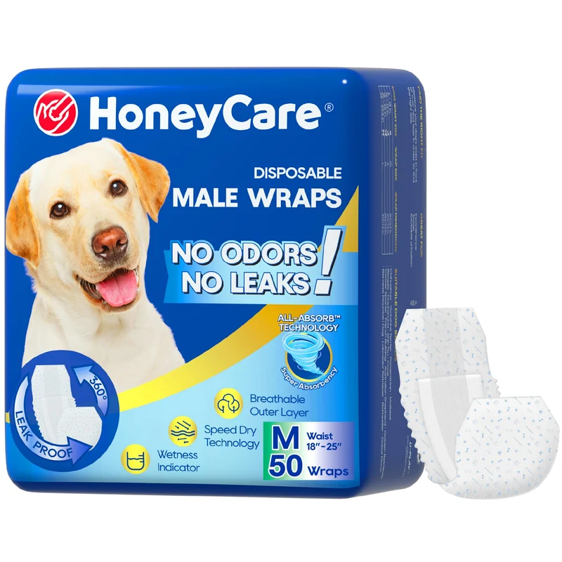 HONEY CARE All-Absorb A25 Wrap Mâle pour Chien – 50 Pièces, Taille Moyenne, Blanc | Confort et Protection