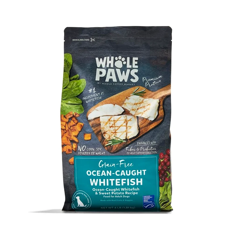 Whole Paws – Alimentation sèche sans céréales pour chien adulte – Poisson blanc et patate douce, 4 lb