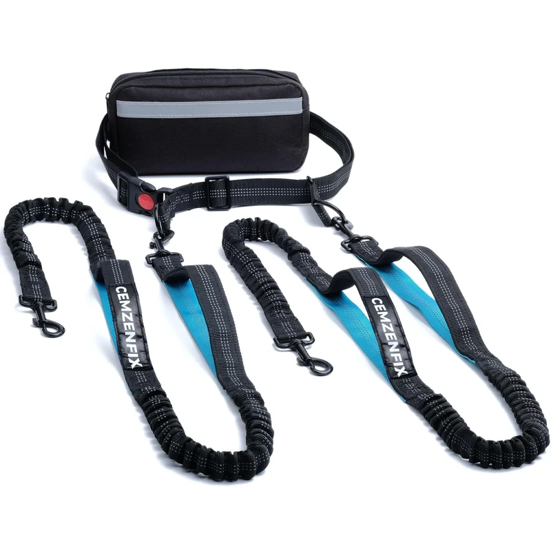 CEMZENFIX – Laisse mains libres pour deux chiens avec double bungee, ceinture réglable et poche