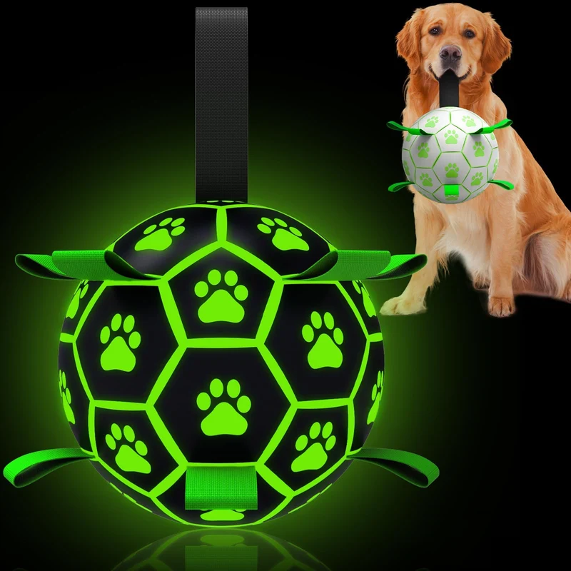 QDAN Balle lumineuse pour chien – Ballon de football avec sangles, jouet extérieur 8 pouces (Moyen à Grand)