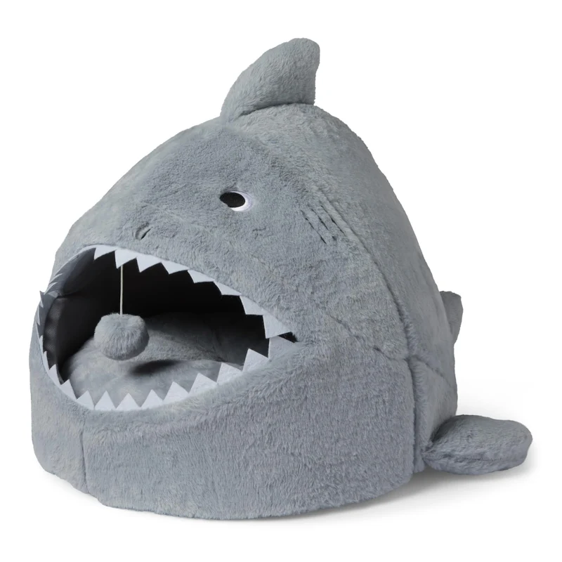 Amazon Basics Nid-chat Forme-Requin — Cabane pour Chat Intérieur avec Oreiller Lavable, Gris 17x16x14 po