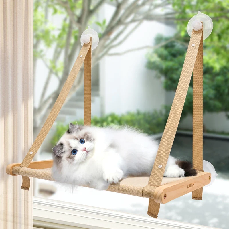 CATISM Perchoir Fenêtre pour Chat — Hamac Pliable, Siège Doux et Lavable en Machine, Cadre en Bois Solide, 4 Ventouses, Charge jusqu’à 18 kg