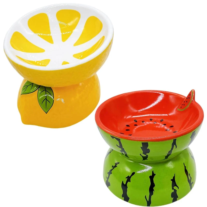 Hamiledyi – Bols pour Chat Élevés et Inclinés en Céramique, Ensemble 2 Pièces (Nourriture et Eau) – Motif Pastèque & Citron