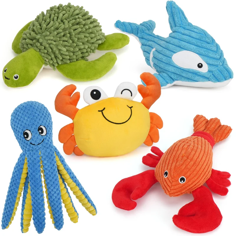 Prime Pets – Lot de 5 Jouets Chien Peluche Océan avec Sifflet