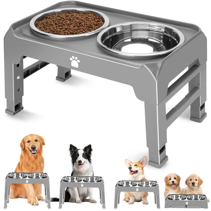 AIRMX – Support surélevé pour chiens (2 bols inox), Hauteur réglable, Pliable, Gris