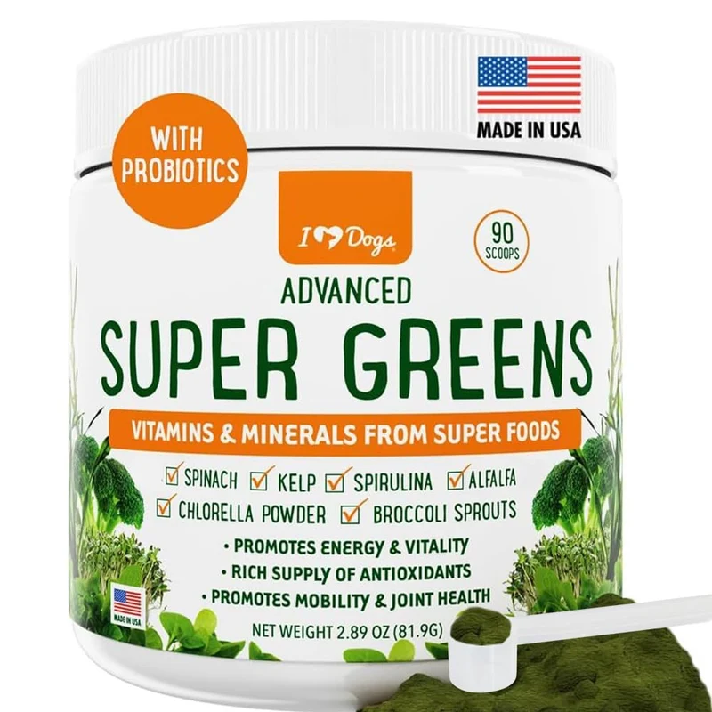iHeartDogs Super Greens – Poudre nutritive pour chiens avec germes de brocoli et spiruline | soutien immunitaire et allergies saisonnières