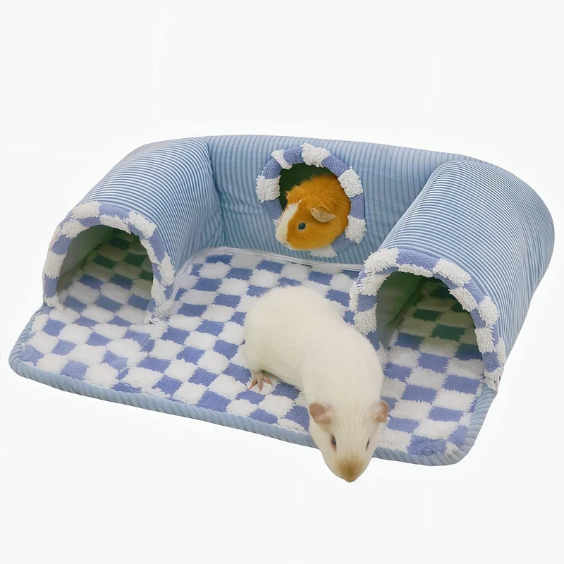 Lfokd Cachette-Tunnel pour Petits Animaux avec Lit Chaud – 3 Cavités Bleu