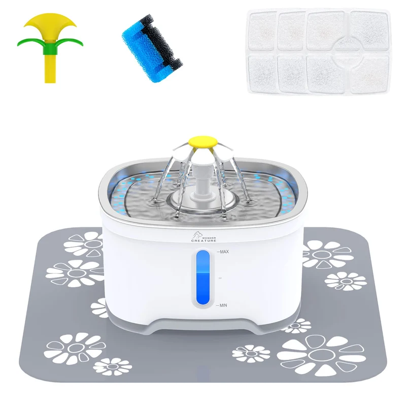 Wonder Creature Fontaine pour Chat en Acier Inoxydable 84 oz (2,5 L) – Pompe Silencieuse, Fenêtre de Niveau et LED