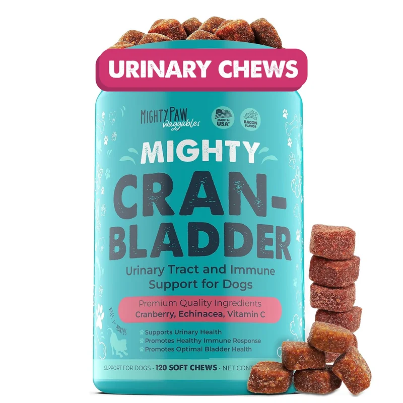 Mighty Paw Cran-Bladder (Fabriqué aux États‑Unis) | Supplément de canneberge pour chiens – Friandises bacon, 120 bouchées molles
