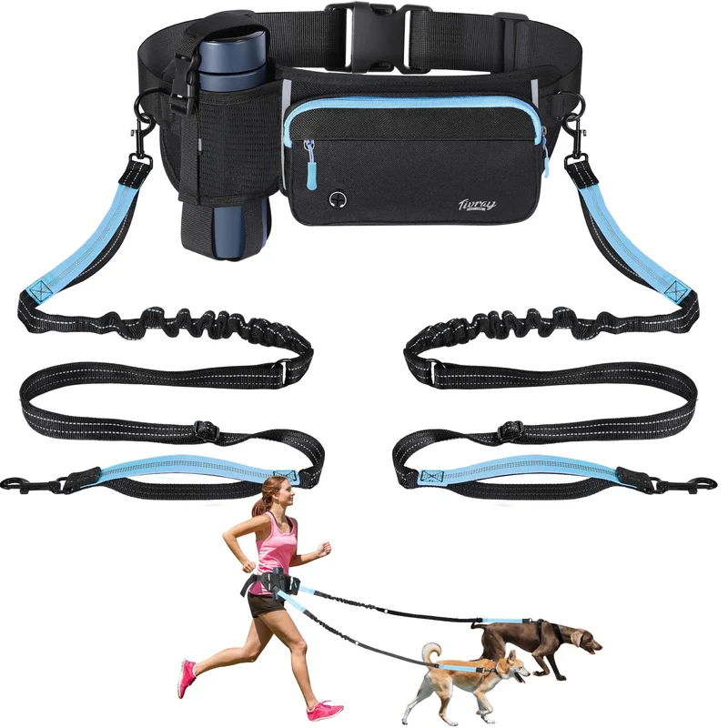 Tivray Laisse mains libres pour deux chiens — Ceinture avec double bungee, poignée rembourrée et sécurité nocturne