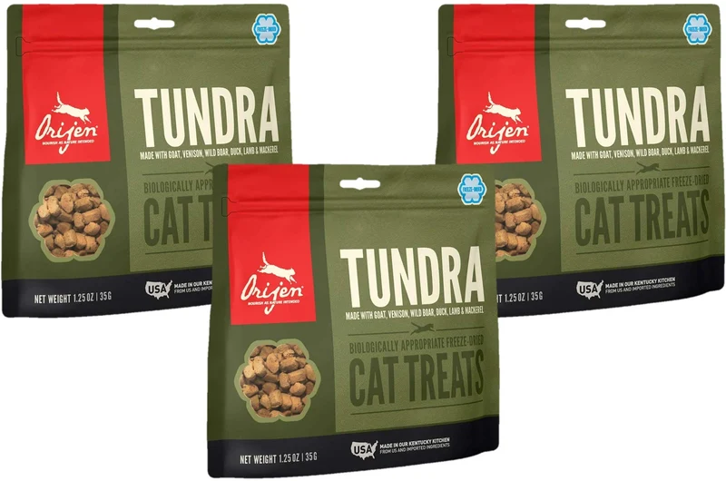 ORIJEN – Trio de friandises TUNDRA pour chat (1,25 oz chacune), lyophilisées, sans céréales, fabriqué aux États-Unis