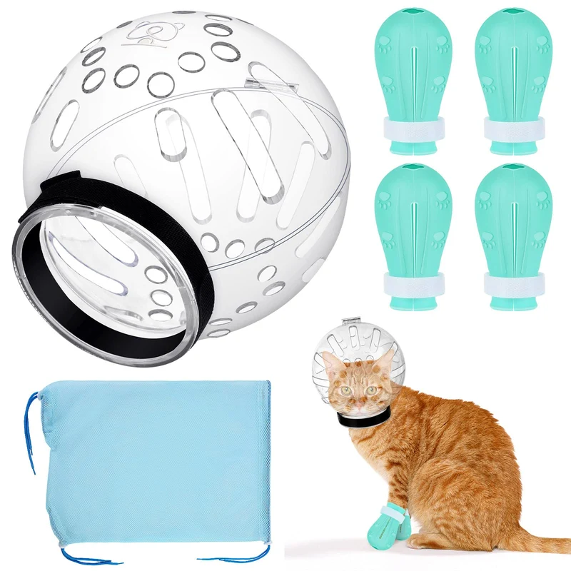 PETKNOWS Casque bulle pour toilettage de chat – Capuche ajustable, bottes pour pattes et sac de bain