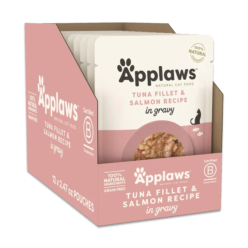 Applaws Nourriture humide pour chat – Thon et Saumon en Sauce en Poches, Ingrédients Naturels & Protéines Élevées