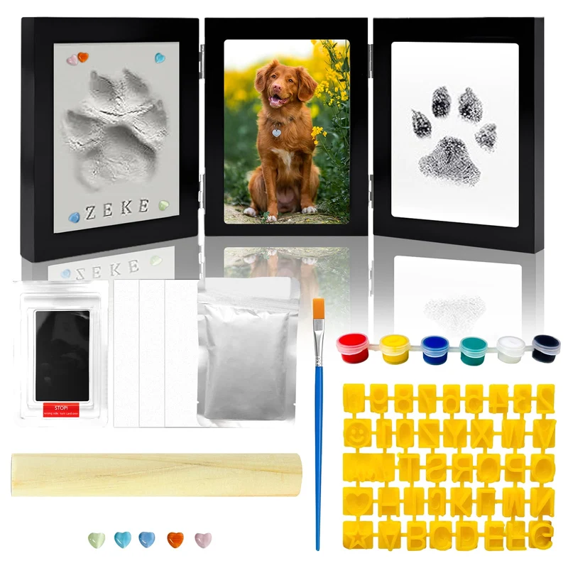 IKKAB 3-en-1 Kit Empreinte Patte pour Chiens et Chats – Cadre Mémorial, Pâte Douce et Tampon Sans Encre