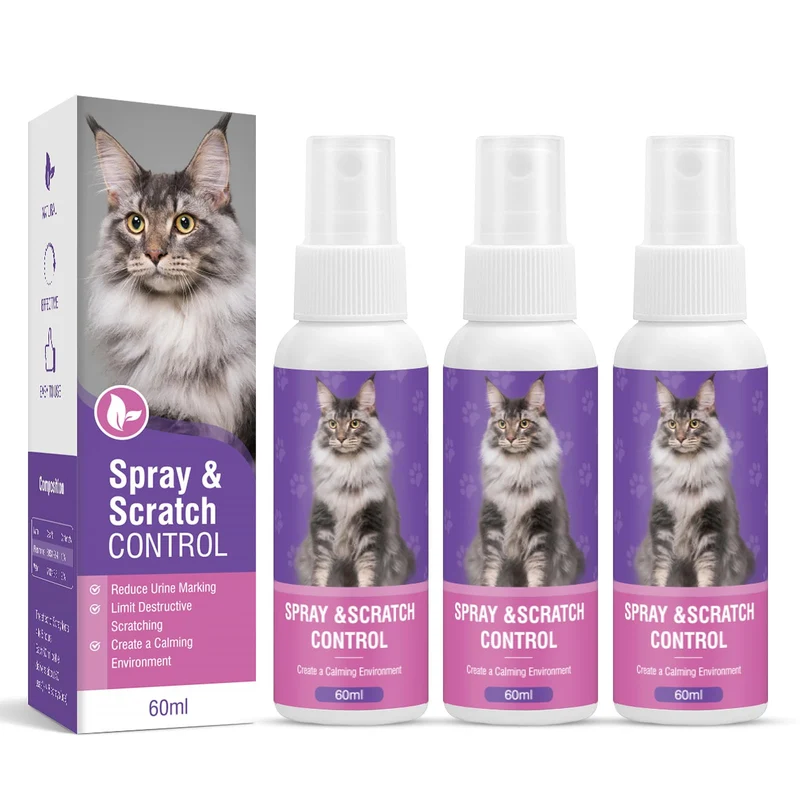 RUAKPL Spray calmant pour chats — Phéromones félines, apaisement du stress et du comportement, pour maison et voyage - Lot de 3 × 60 ml